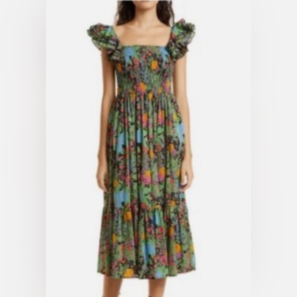 Mille Dresses & Skirts - Mille Tropical Smocked Midi Dress with Ruffle Sleeves - Green Floral